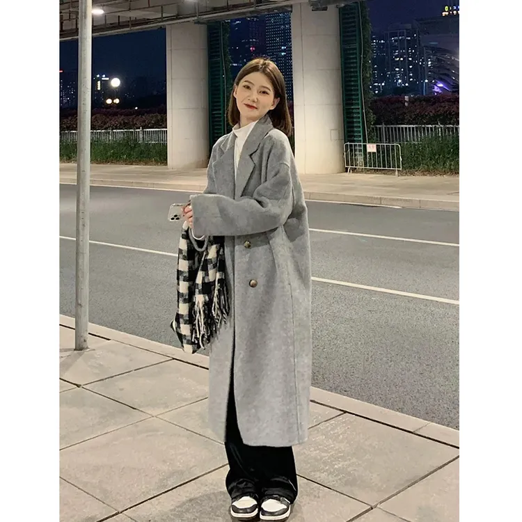 灰色双面毛呢大衣女2025秋冬新款中长款高级感宽松韩系毛呢子外套