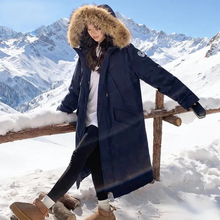 中长款羽绒服女25新款学院风派克加厚防风连帽大毛领保暖情侣外套