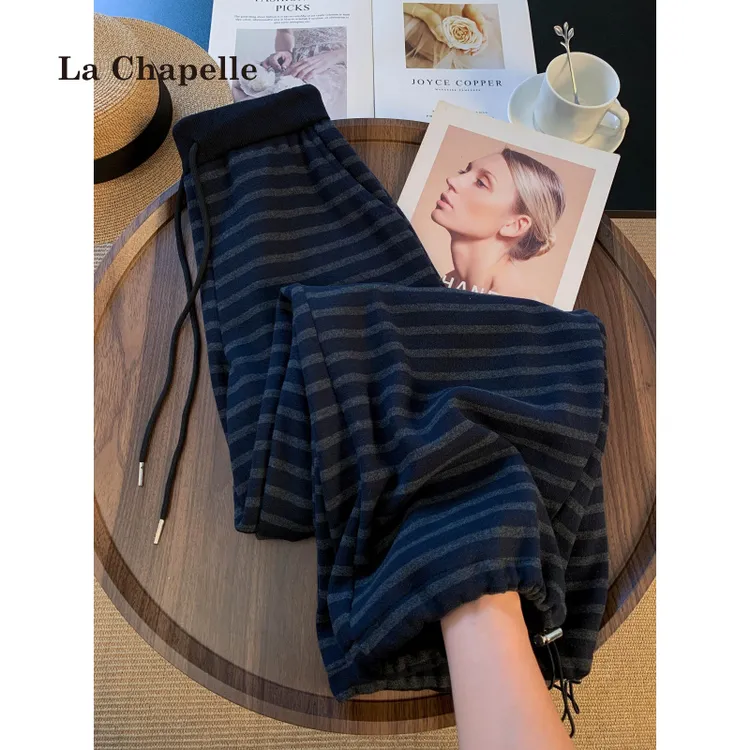 拉夏贝尔保暖加绒加厚条纹直筒阔腿裤女秋冬高腰宽松休闲拖地长裤