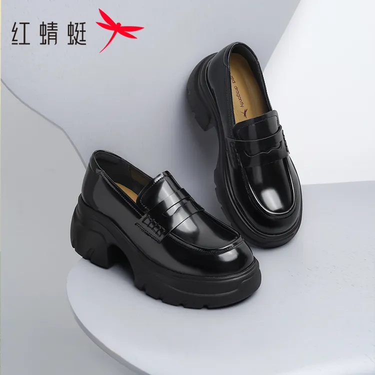 红蜻蜓银色乐福鞋女厚底2025秋新款一脚蹬女鞋单鞋松糕鞋增高皮鞋