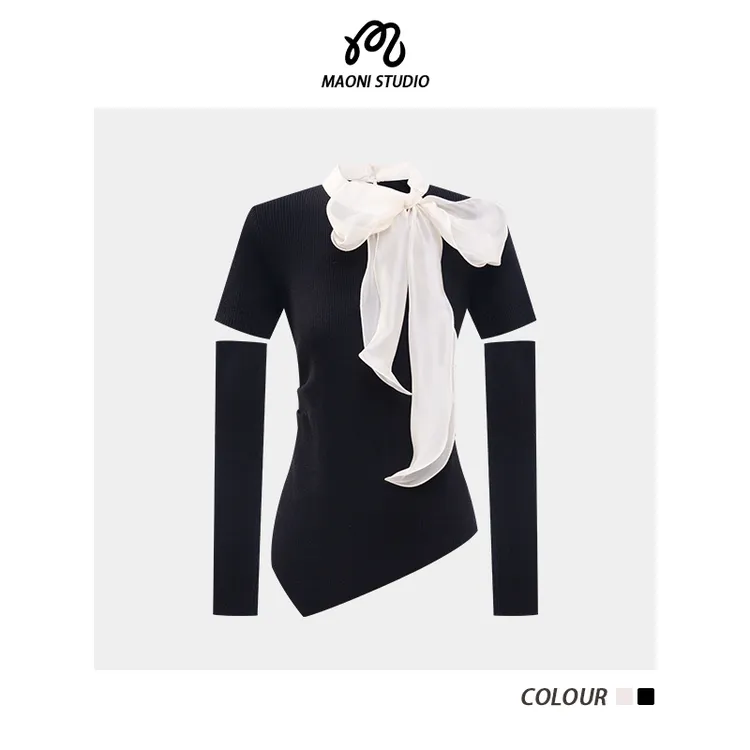 毛妮LADIESFIRST法式缎面系带正肩配袖套针织衫女设计感毛衣L2844