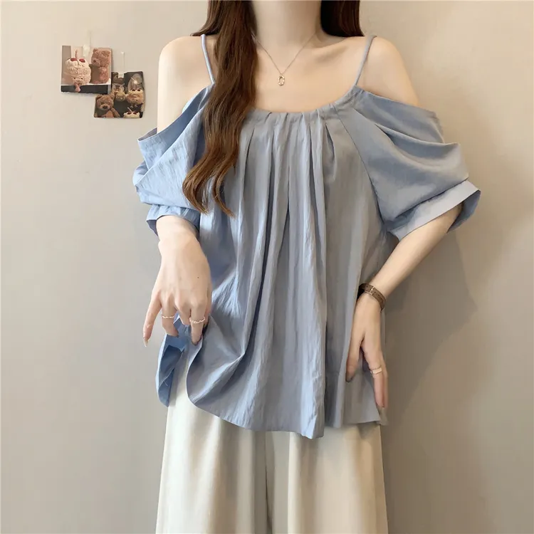 大码女装遮肚子吊带短袖露肩衬衫女夏季胖妹妹宽松显瘦泡泡袖上衣