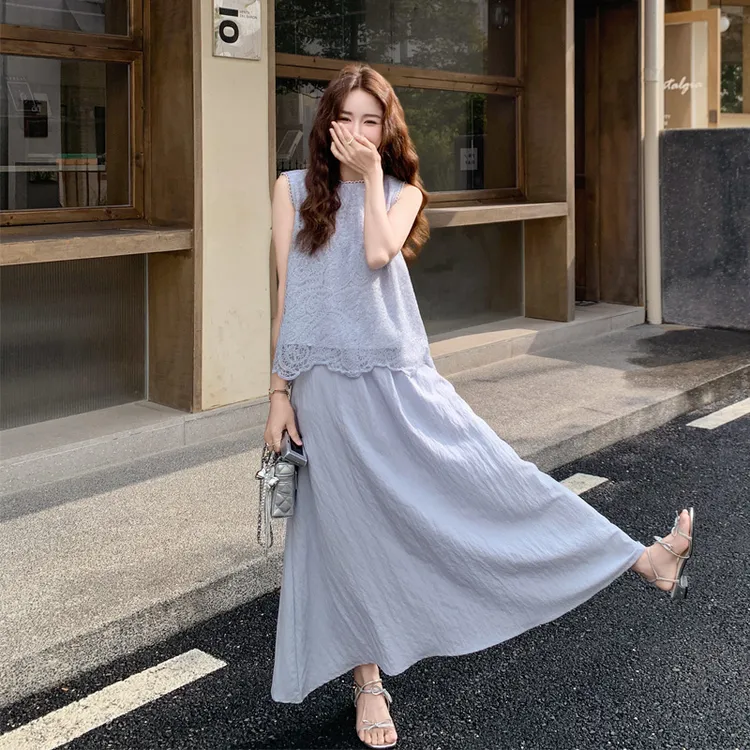 韩系高级感套装裙夏季女2025新款氛围感灰蓝色无袖蕾丝上衣半身裙