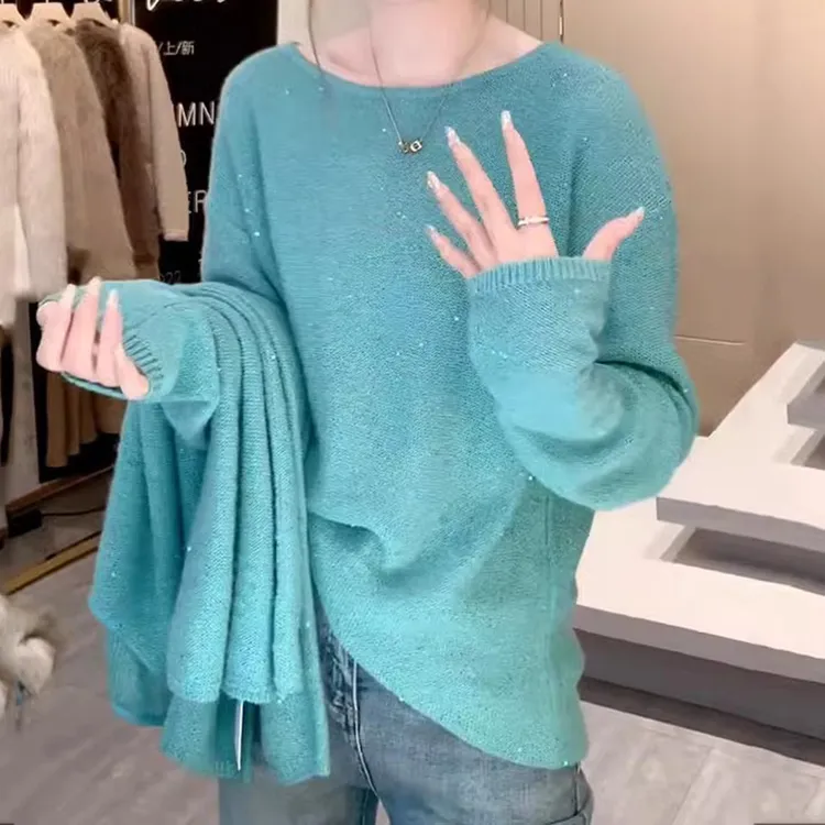 大码慵懒圆领蓝色套头毛衣针织衫女秋装胖mm宽松显瘦内搭外穿上衣