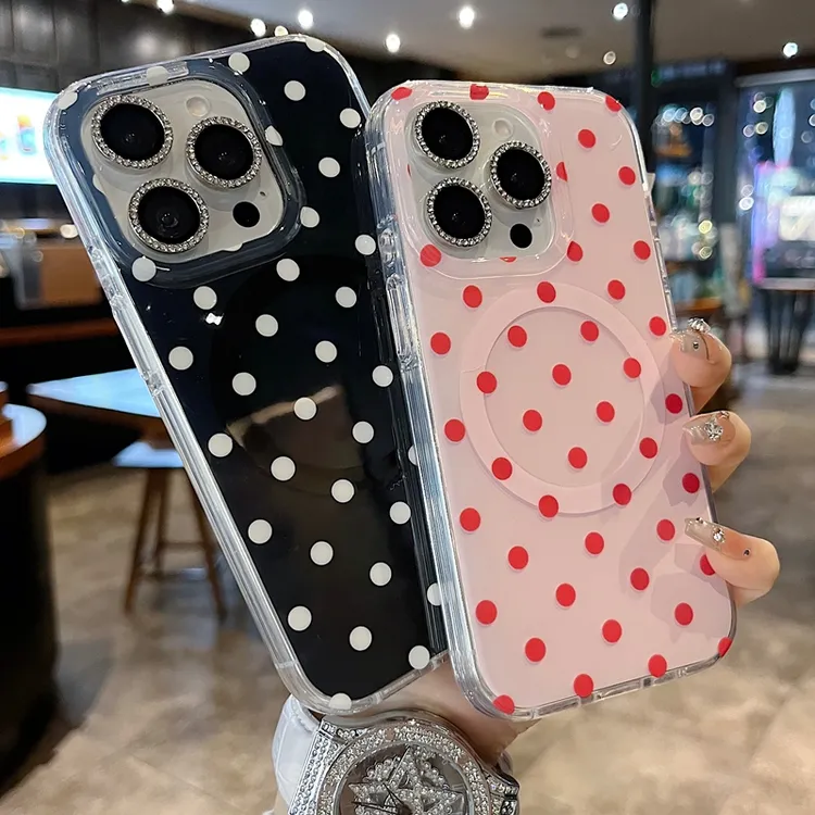 适用苹果系列iPhone 16新款手机壳15pro小众亮黑波点半包大孔磁吸