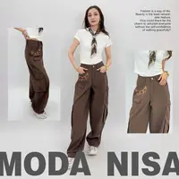 MODANISA工装设计感咖啡棕民族风牛仔裤阔腿加长款工装裤-140-34-