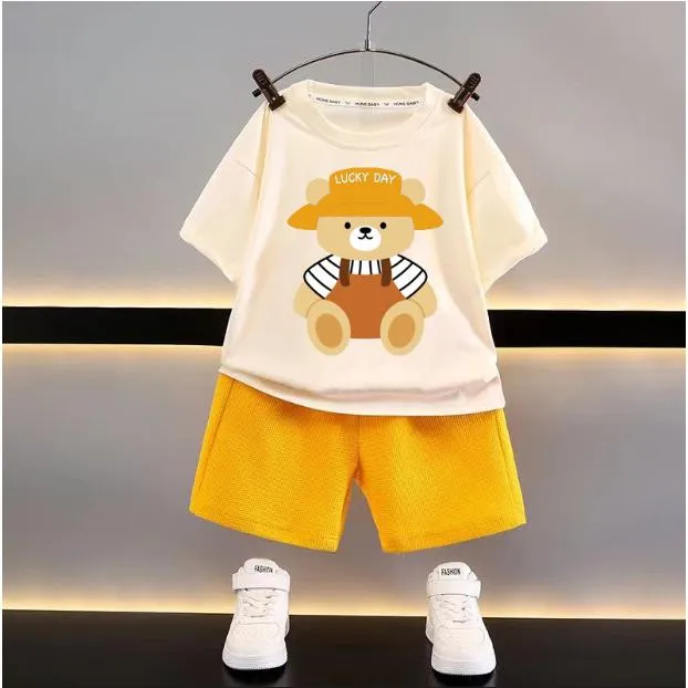 新款童装儿童夏季套装洋气时髦宽松衣服男童休闲华夫格宝宝夏季