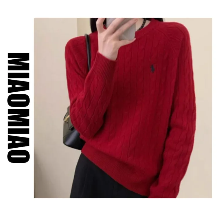 2025秋冬新款韩系麻花圆领慵懒毛衣高级感刺绣长袖针织衫上衣A111