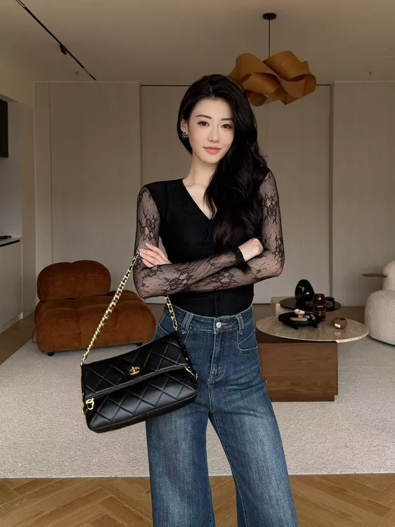 JIJINQI秋季新款针织气质百搭修身设计感蕾丝上衣女 JD08SZPT1664