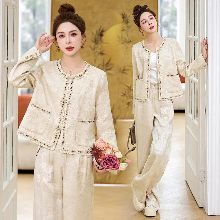 新中式蕾丝花边套装女2025年春季新款名媛气质小香风阔腿裤两件套