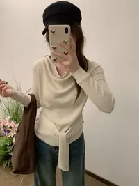 XIANJIE松弛高智荡领松弛腰带收腰毛针织衫上衣早秋女装新款