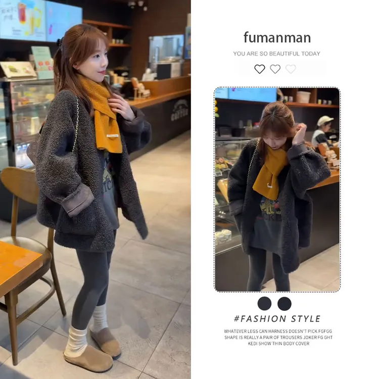 韩系气质羊羔毛外套女秋冬新款卡通印花内搭上衣休闲打底裤三件套