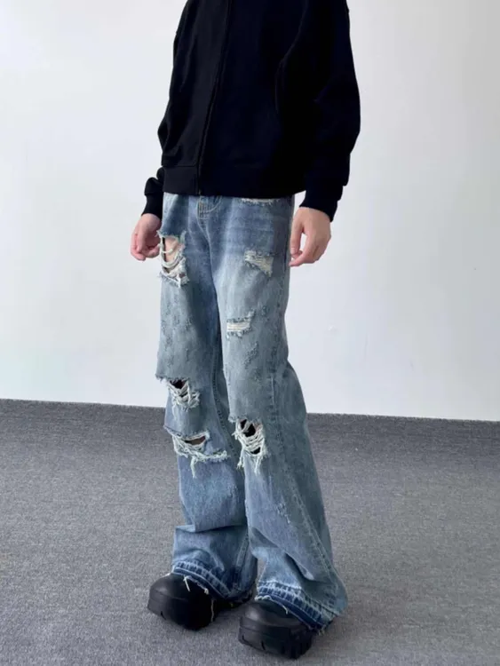美式复古小众不锁边流苏破洞牛仔裤男生时尚阔腿毛边长裤子男女潮