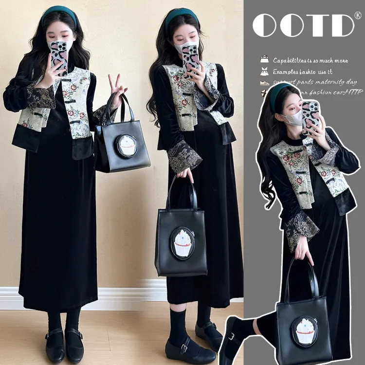 秋冬季孕妇装连衣裙高级感国风马甲丝绒宽松小黑裙两件套外出长裙