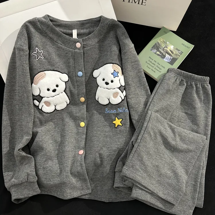 软萌小狗高级感少女睡衣秋冬季带胸垫加厚德绒可爱开衫家居服套装