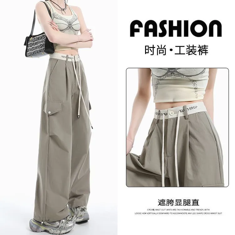 卡其绿百搭运动工装裤女2025夏季新款高腰宽松显瘦休闲直筒阔腿裤