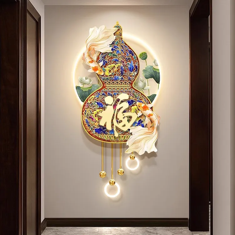 《锦鲤聚福》荷花入户门玄关装饰画新中式葫芦走廊尽头挂画福字壁画