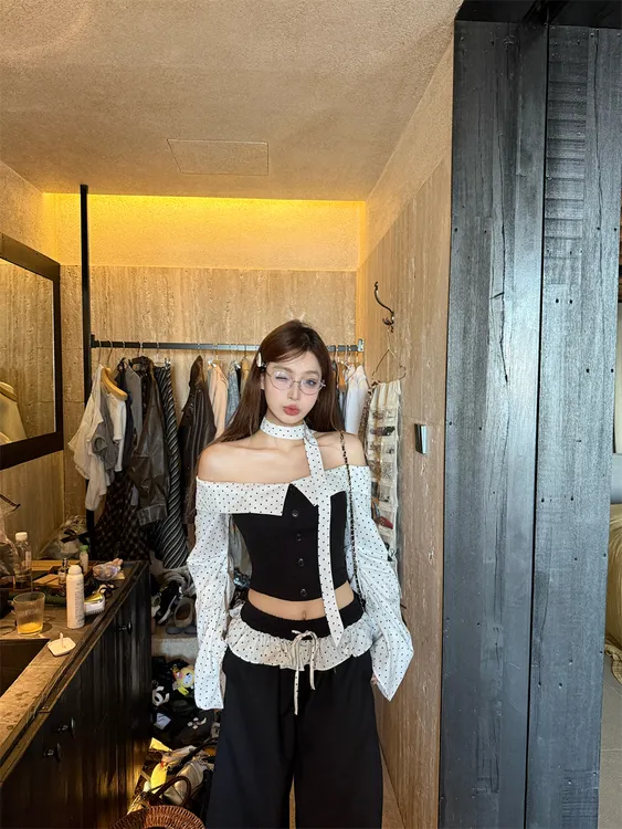 波点芭蕾风长袖一字肩抹胸短款上衣+辣妹花边腰头阔腿裤甜美套装