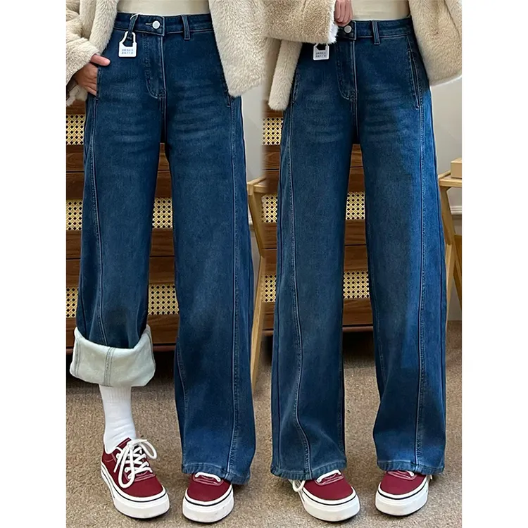 复古蓝窄版阔腿牛仔裤女冬季新款大码胖mm高腰遮胯显瘦加绒直筒裤