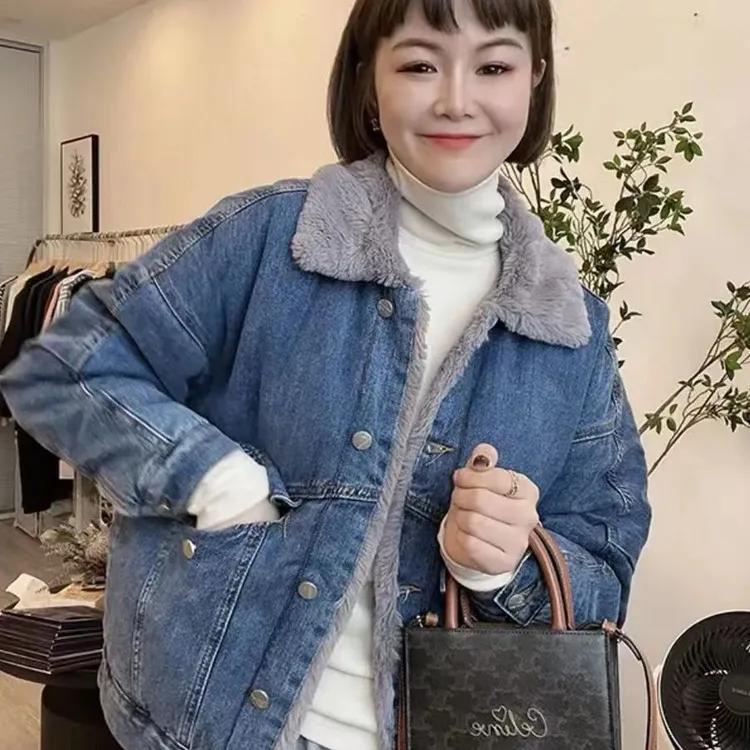 宽松牛仔外套女款2025牛仔外套新品单排扣长袖加绒加厚牛仔夹克