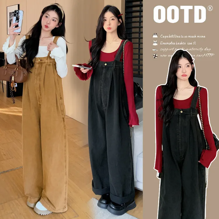 2025新款春秋季套装水洗牛仔背带裤打底衣孕妇套装两件套时尚外穿
