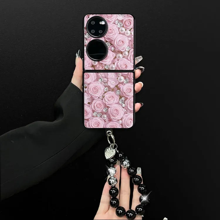 适用华为pockets手机壳热恋玫瑰编织小羊皮折叠壳全包保护套