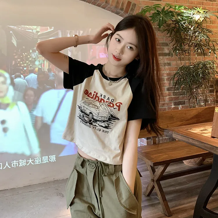 美式复古印花T恤2025夏季韩版新款修身百搭黑色女士黑色短袖t恤女