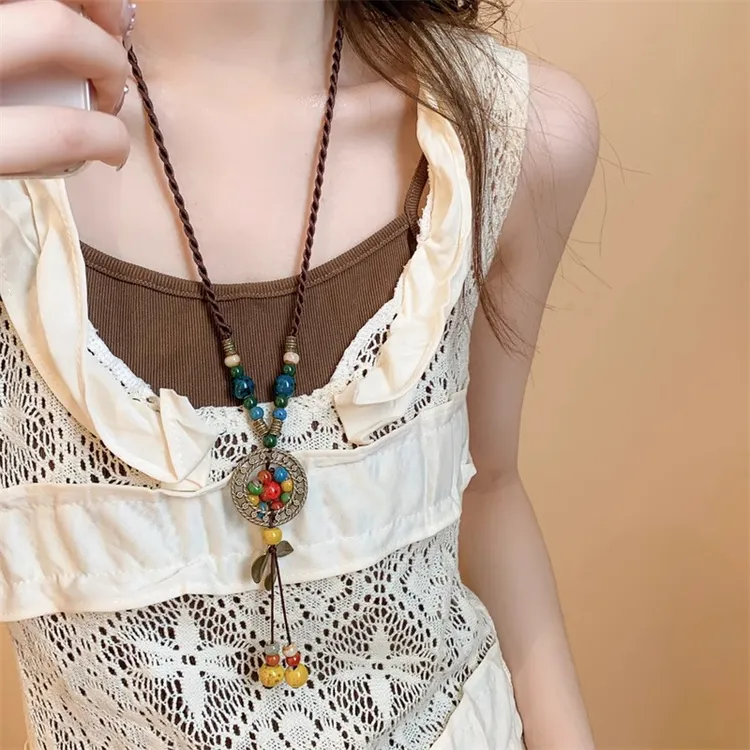 铜布艺项链 新中式民族风长款编绳项链女小众独特挂脖配饰锁骨链