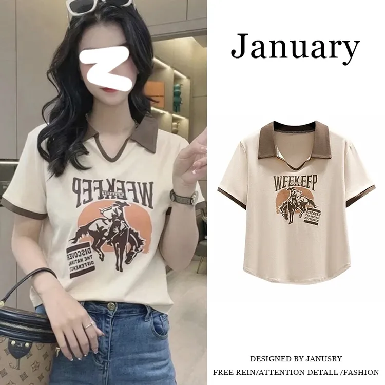 大码拼接撞色翻领短袖T恤女夏季胖mm宽松百搭巨显瘦正肩上衣-2230