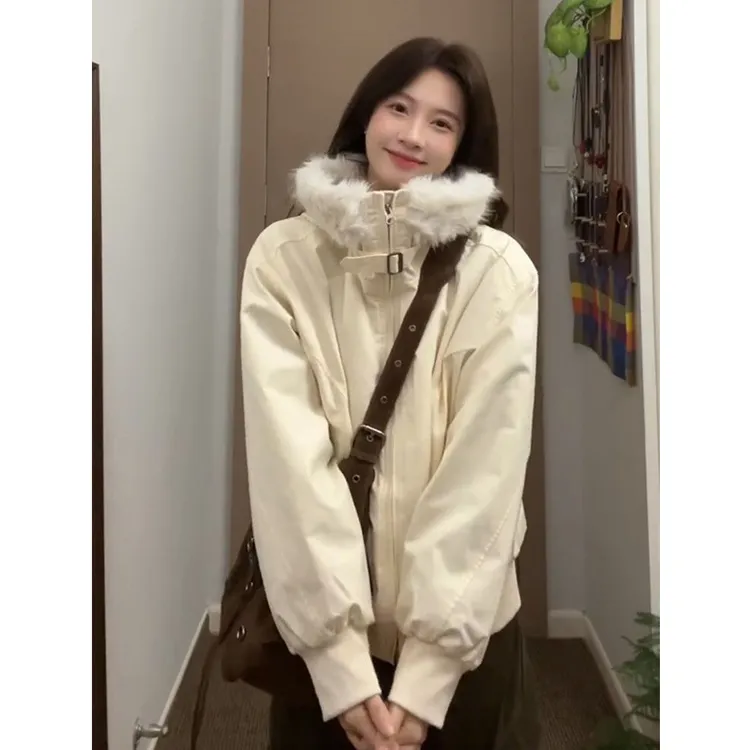 【珂塔芙】毛领连帽棉衣棉服女冬季2025宽松设计感小众加厚开衫外套