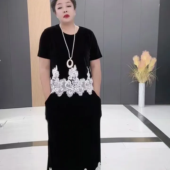 阳光绒-蕾丝拼接半袖套装（裙子➕短袖）-MYX-5709款