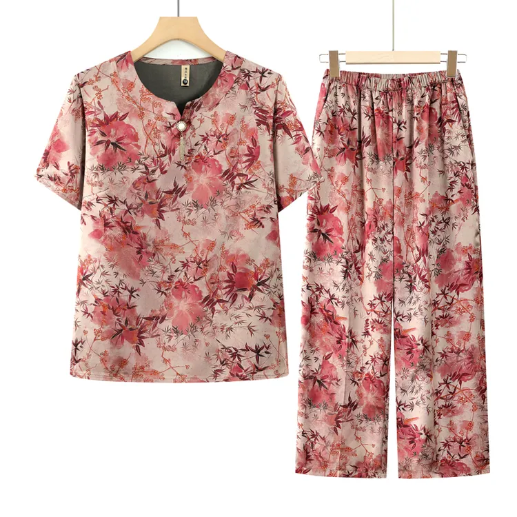 妈妈装夏装洋气短袖套装中老年女装两件套奶奶气质宽松套装夏季