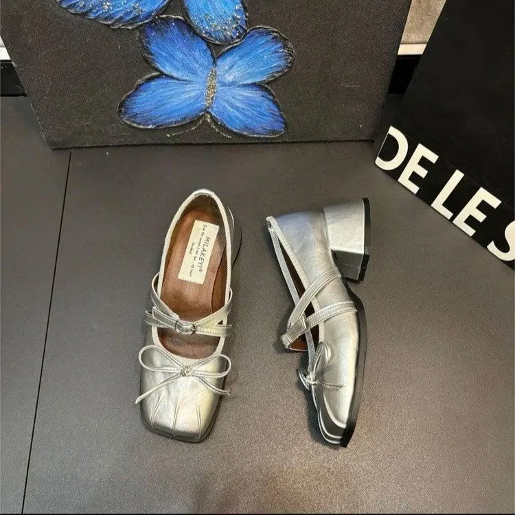 2025防滑胶粘方头鞋子高跟复古跟鞋圆头皮鞋单鞋玛丽珍鞋百搭