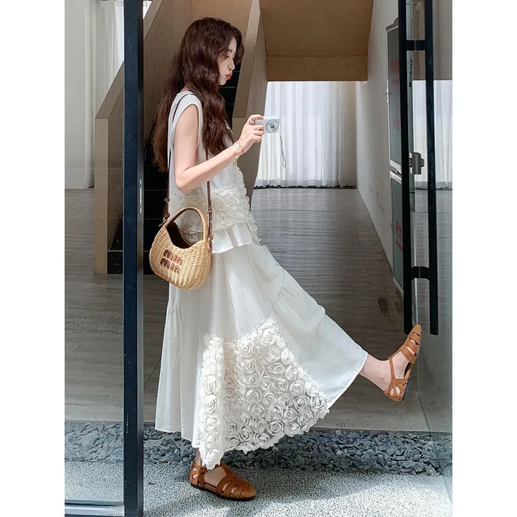 绝色重工立体花朵套装裙女2025夏设计感无袖上衣半身裙两件套