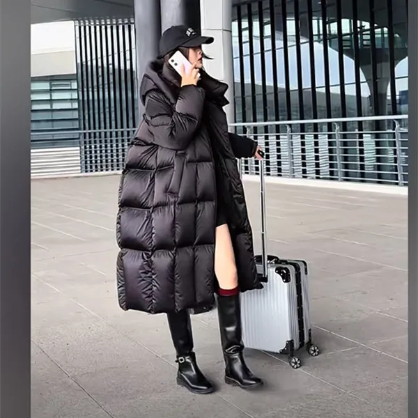 长款纯色简约连帽鹅羽服女冬季新款欧版宽松过膝保暖时尚气质外套