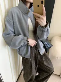 小雅姐姐  立领格子韩版拼接百搭休闲拉链外套KE85