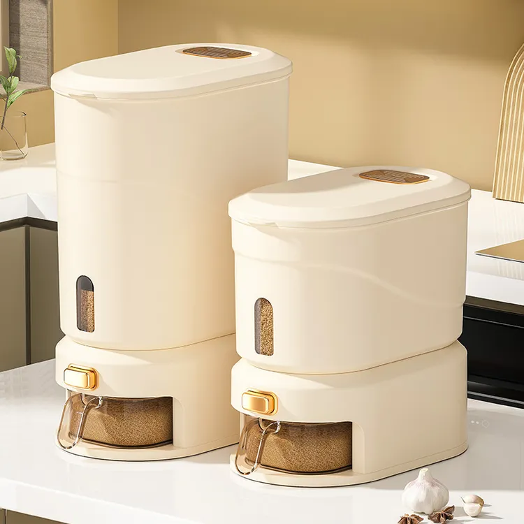 【居家好物】家用防虫防潮密封食品级奶油色自动出米按压米桶