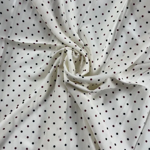 进口雪纺杏色底红黑小波点门幅宽1.45米微弹力