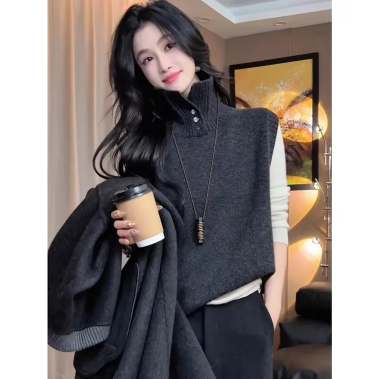 法式叠穿今年流行高领毛衣马甲女春秋季慵懒风高级感内搭针织背心