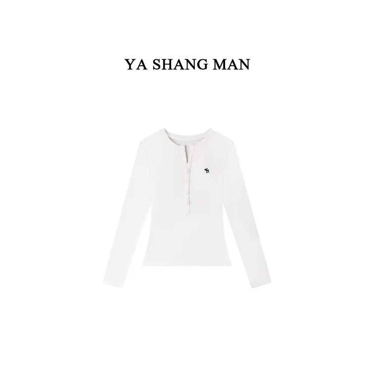 YASHANGMAN 秋冬加绒新款纯色刺绣纽扣半开领修身百搭长袖 2595-1