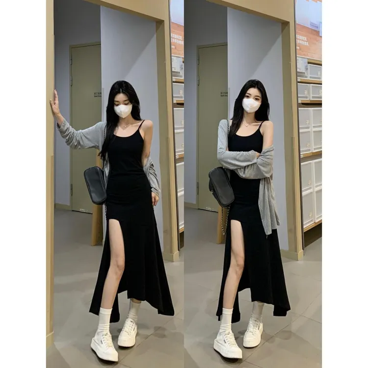 大码胖妹妹高级感辣妹黑色开叉鱼尾吊带裙+灰色薄款防晒开衫套装