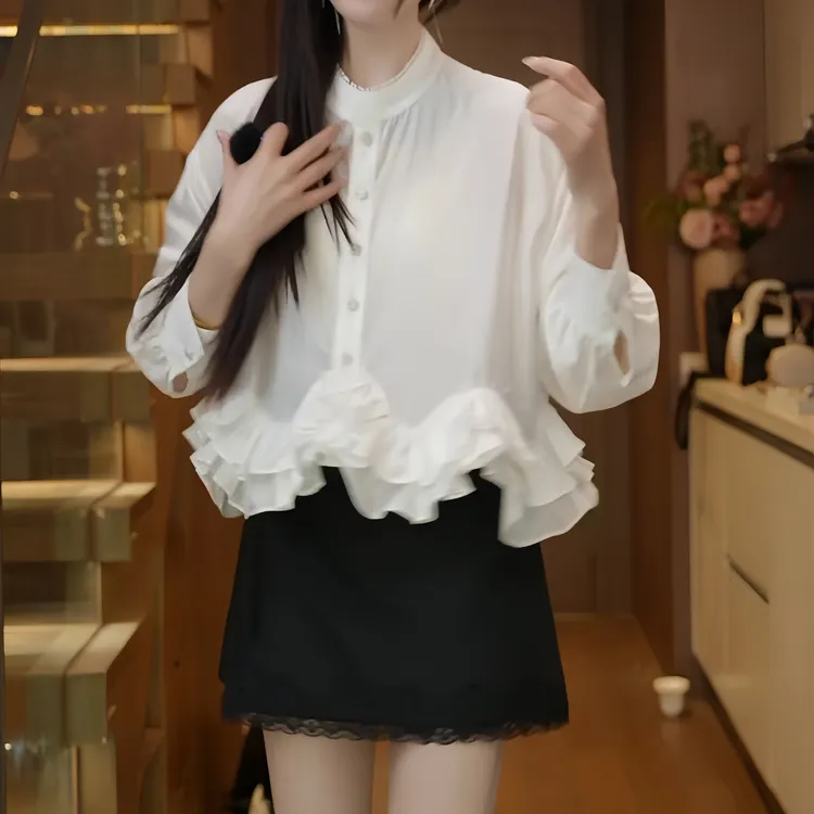 荷叶边设计感洋气衬衫今年流行的爆款女装新款衬衣独特巨好看上衣