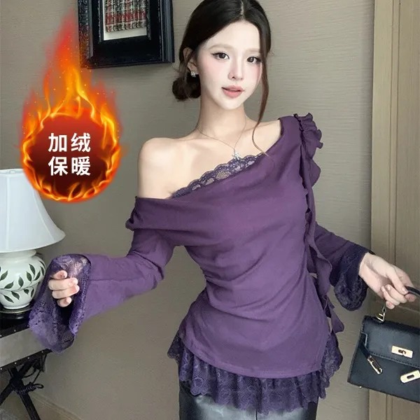 【加绒】宴会千金荡领拼接假两件长袖T恤设计感修身上衣