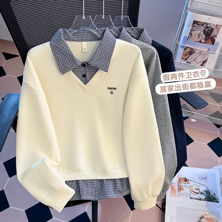 少女童卫衣秋装新款洋气中大童春秋格子初中生女POLO领假两件上衣