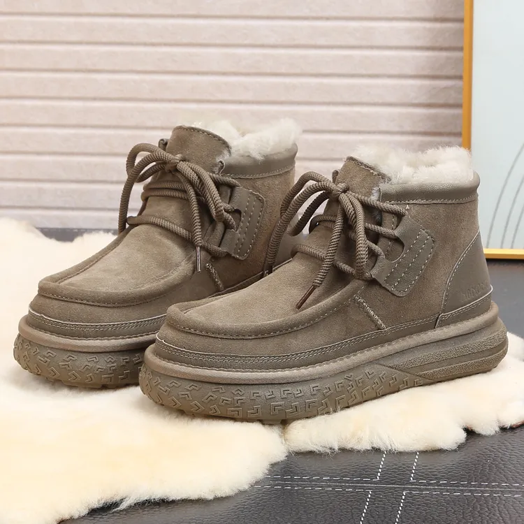 NB5886雪地靴男款皮毛一体冬季牛皮纯羊毛防滑棉鞋加绒保暖低帮