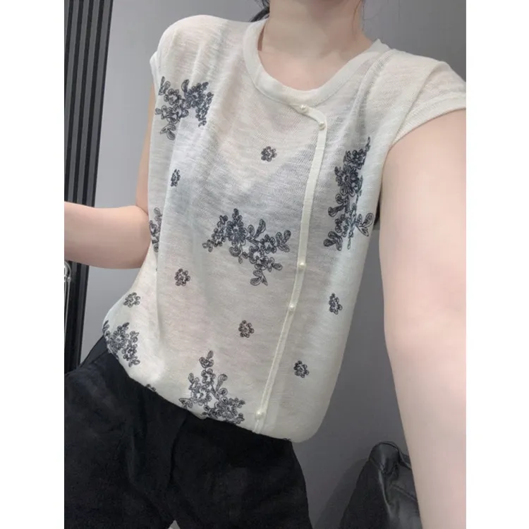 小飞袖圆领冰丝针织衫短袖女时尚印花洋气宽松显瘦上衣小衫夏欧货