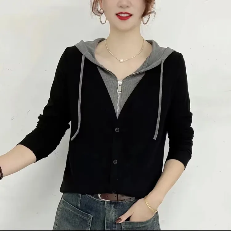 春秋装假两件连帽卫衣女2025休闲长袖T恤减龄百搭洋气t恤显瘦上衣
