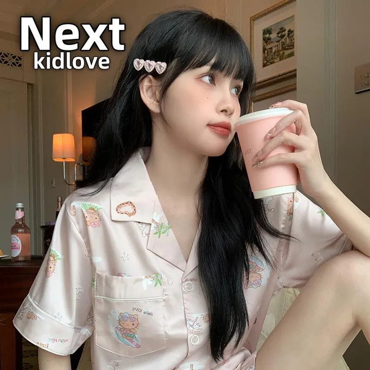 NEXT冰丝睡衣女夏Hellokitty甜美可爱风丝滑凉感睡衣女短袖长裤家