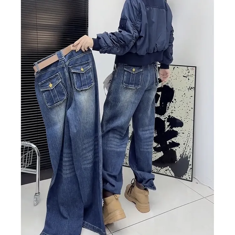 秋季后兜口袋牛仔裤女洋气百搭弯刀裤大码胖mm遮肉显瘦直筒阔腿裤