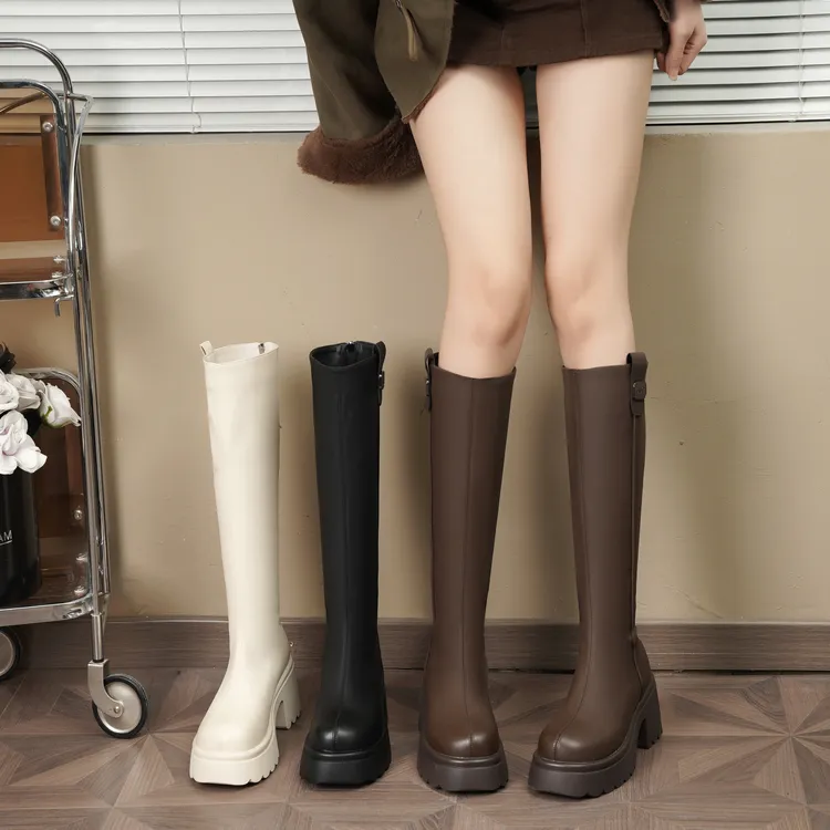粗跟长筒增高靴子女2024年新款不过膝长靴春高跟骑士靴厚底瘦瘦靴
